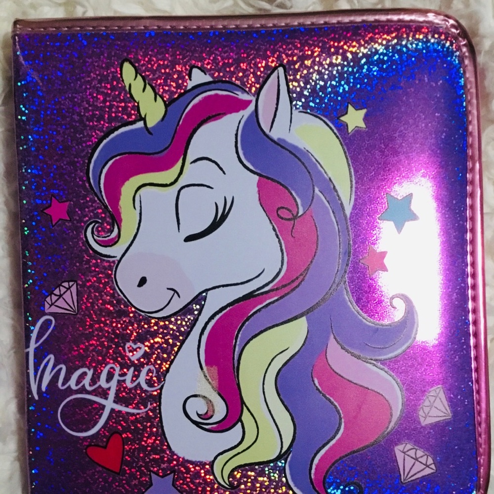 Colorful Unicorn Glitter Notebook case with school supplies